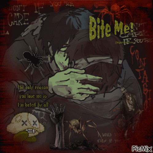 A Drawing Of A Man Hugging Another Man With The Words Bite Me On It GIF