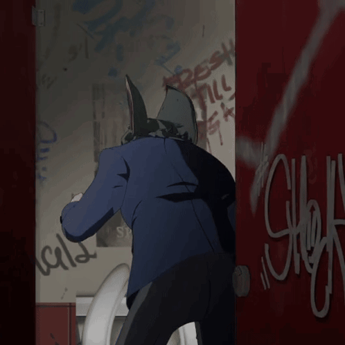 A Drawing Of A Man In A Bunny Mask Standing In A Bathroom GIF