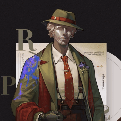 A Drawing Of A Man In A Hat And Tie With The Letter R In The Corner GIF