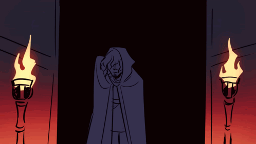 A Drawing Of A Man In A Hood Standing In Front Of A Door GIF