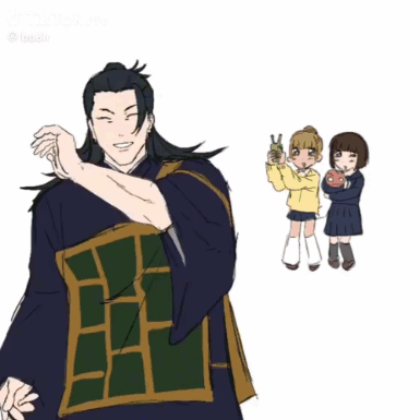 A Drawing Of A Man In A Kimono Standing Next To Two Little Girls GIF