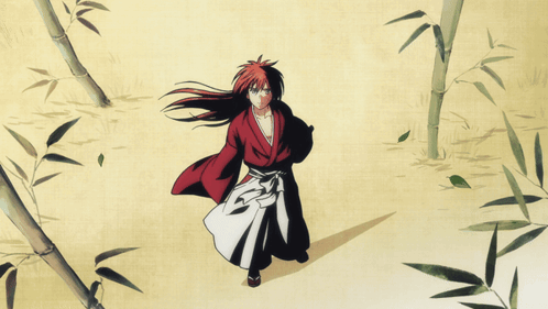 A Drawing Of A Man In A Red Kimono Surrounded By Bamboo Trees GIF