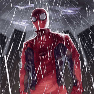 a drawing of a man in a red suit in the rain