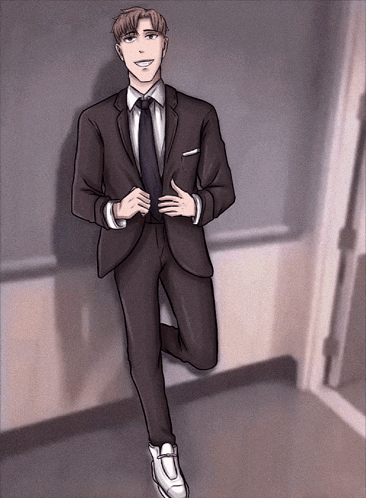 A Drawing Of A Man In A Suit Standing In A Hallway GIF