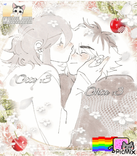 A Drawing Of A Man Kissing Another Man With The Word Otto 3 On The Bottom GIF