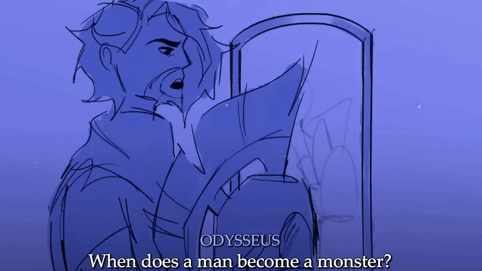 A Drawing Of A Man Looking At Himself In A Mirror With The Words Odysseus Written Above It GIF