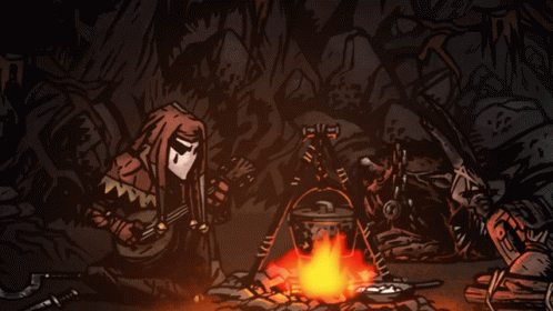 A Drawing Of A Man Playing A Banjo And A Woman Cooking Over A Fire GIF