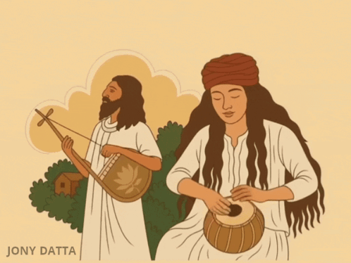 A Drawing Of A Man Playing A Musical Instrument And A Woman Playing A Drum With The Name Jony Datta On The Bottom GIF