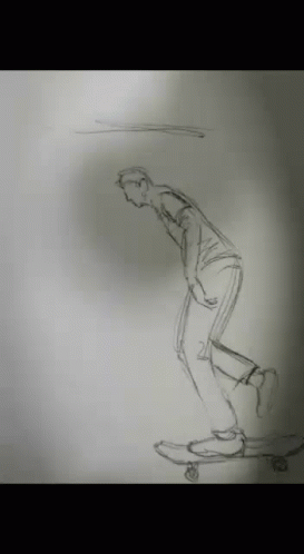 A Drawing Of A Man Riding A Skateboard On A White Background GIF