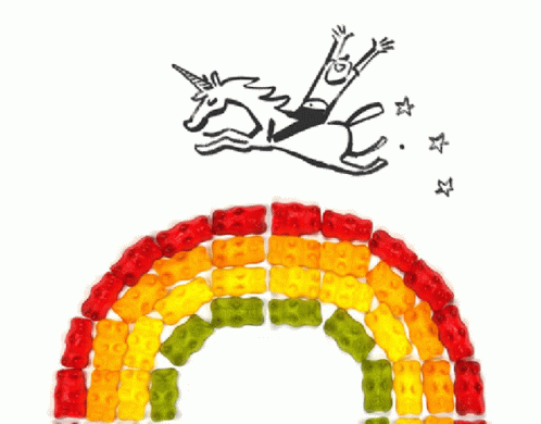 A Drawing Of A Man Riding On The Back Of A Unicorn Made Of Gummy Bears GIF