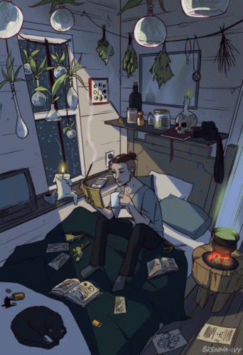 A Drawing Of A Man Sitting On A Bed Reading A Book By Brenna Ivy GIF