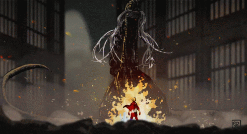 A Drawing Of A Man Standing In Front Of A Monster With The Letter R On The Bottom Right GIF