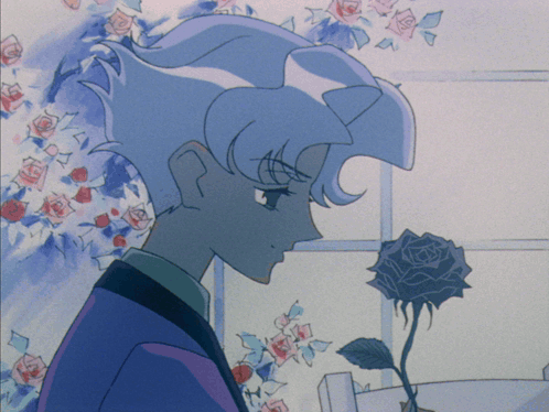 A Drawing Of A Man Standing Next To A Rose With Roses In The Background GIF