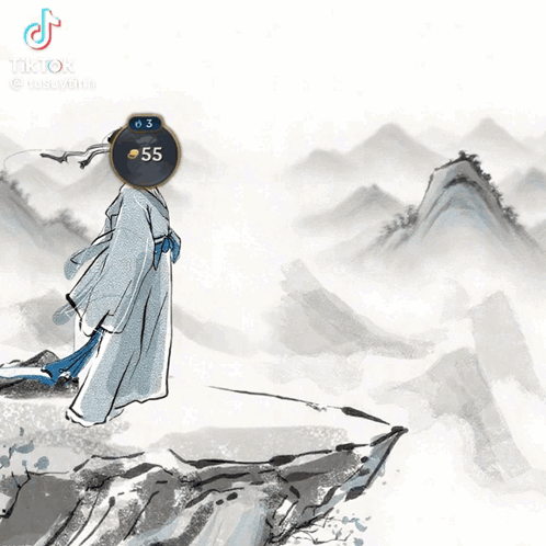 A Drawing Of A Man Standing On Top Of A Mountain With A Number 47 On His Head GIF