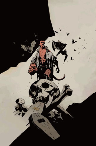 A Drawing Of A Man Standing On Top Of A Skull With A Coffin In The Background GIF