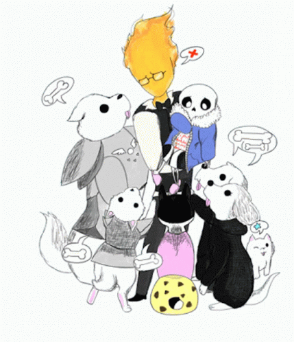 A Drawing Of A Man Surrounded By Dogs And A Cookie GIF