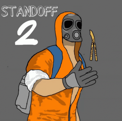 A Drawing Of A Man Wearing A Gas Mask And Holding A Knife With The Number 2 Above Him GIF
