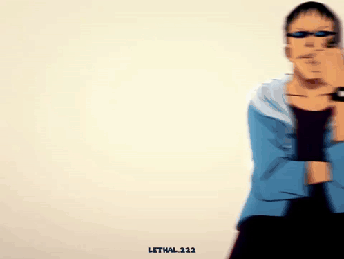 A Drawing Of A Man Wearing Sunglasses And A Blue Jacket With The Words Lethal.122 On The Bottom GIF