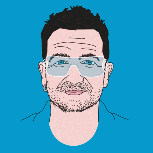 a drawing of a man with a beard wearing sunglasses on a blue background