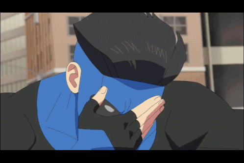 A Drawing Of A Man With A Blue Face And A Black Hat That Says I Am Yumi GIF