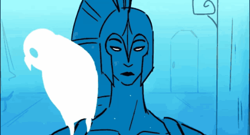 a drawing of a man with a blue helmet and a white bird behind him
