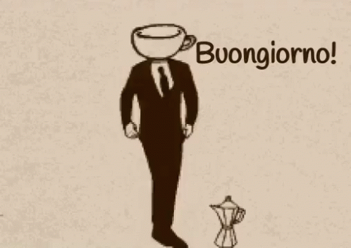 A Drawing Of A Man With A Coffee Cup Instead Of A Head And The Words Buongiorno GIF
