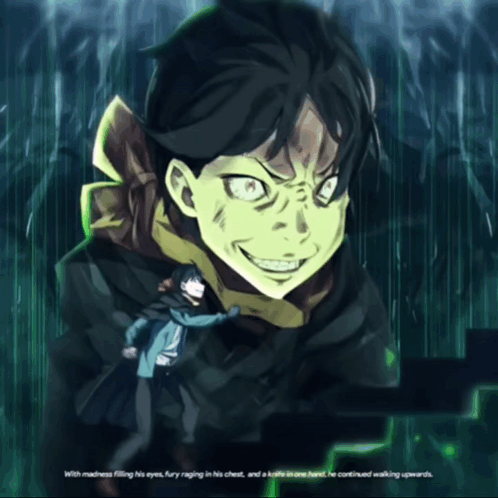 A Drawing Of A Man With A Knife In His Hand And The Words " With Madness Filling His Eyes " GIF