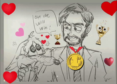 a drawing of a man with a medal around his neck and a speech bubble that says oh we will win
