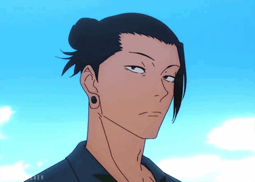 A Drawing Of A Man With A Ponytail And Ear Piercings GIF