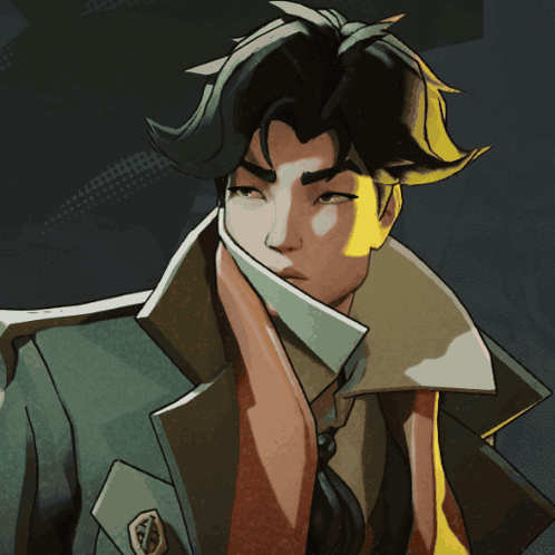 A Drawing Of A Man With A Scarf Around His Neck And A Badge On His Jacket GIF