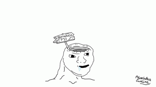 A Drawing Of A Man With A Sign On His Head That Says " Bottomless Pit " GIF