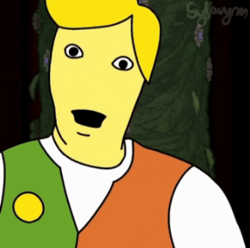 A Drawing Of A Man With A Yellow Face And A Green And Orange Vest GIF