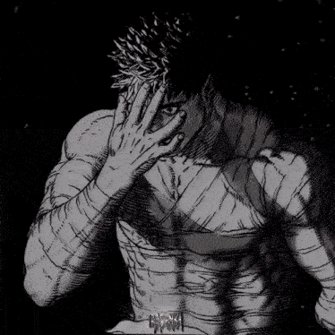 A Drawing Of A Man With Bandages On His Arms Covering His Face With His Hand GIF