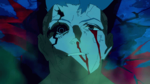 A Drawing Of A Man With Blood Coming Out Of His Eye GIF