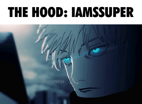 A Drawing Of A Man With Blue Eyes And The Words The Hood Iamssuper GIF