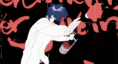 A Drawing Of A Man With Blue Hair Holding A Barrel GIF