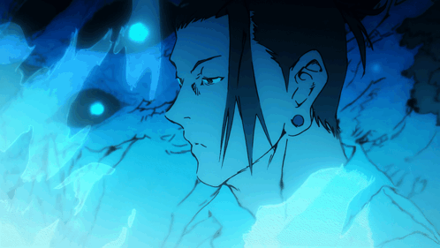A Drawing Of A Man With Ear Piercings And A Blue Background GIF