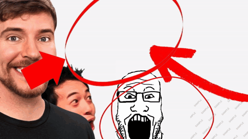 A Drawing Of A Man With Glasses And A Red Arrow Pointing Upwards GIF