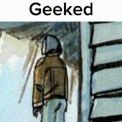 A Drawing Of A Man With Headphones And The Word Geeked On The Bottom GIF