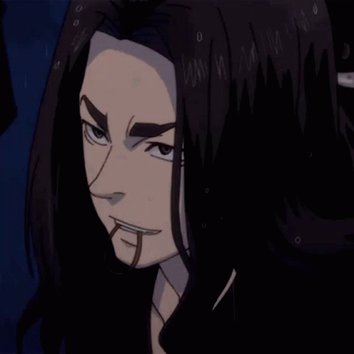 A Drawing Of A Man With Long Black Hair And A Snake In His Mouth GIF