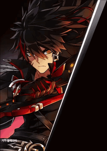 A Drawing Of A Man With Long Black Hair And Red Gloves Holding A Red Sword GIF