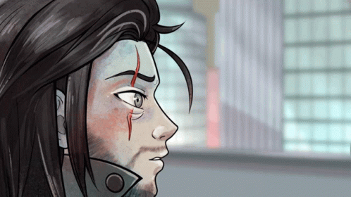 A Drawing Of A Man With Long Hair And A Red Stripe On His Face GIF