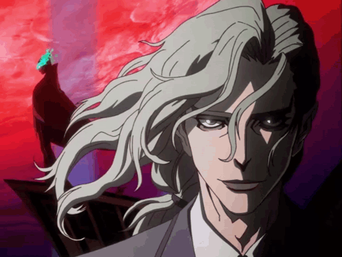 A Drawing Of A Man With Long White Hair And A Red Background GIF