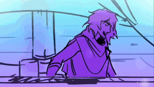 A Drawing Of A Man With Purple Hair And A Beard Standing Next To A Wall . GIF