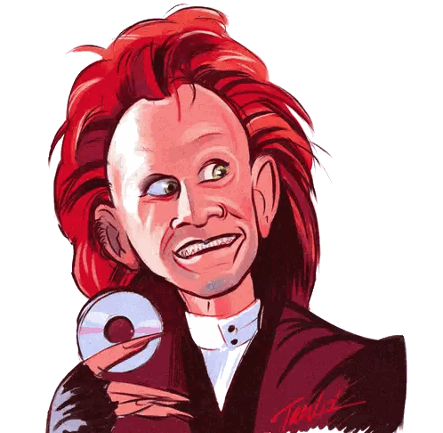a drawing of a man with red hair and a cd