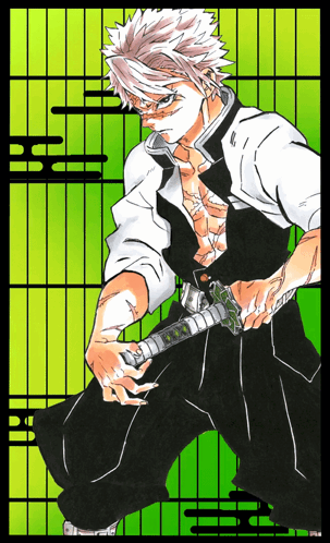 A Drawing Of A Man With White Hair Holding A Sword On A Green Background GIF