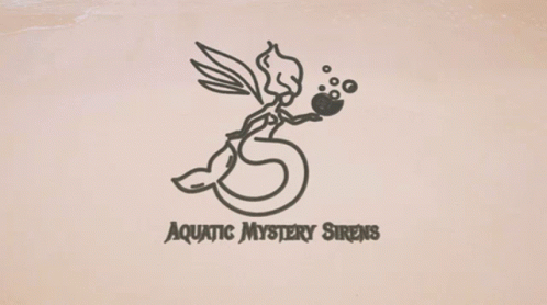 A Drawing Of A Mermaid On The Beach With The Words Aquatic Mystery Sirens GIF