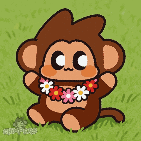 A Drawing Of A Monkey Wearing A Flower Necklace With The Word Chimpers Below It GIF
