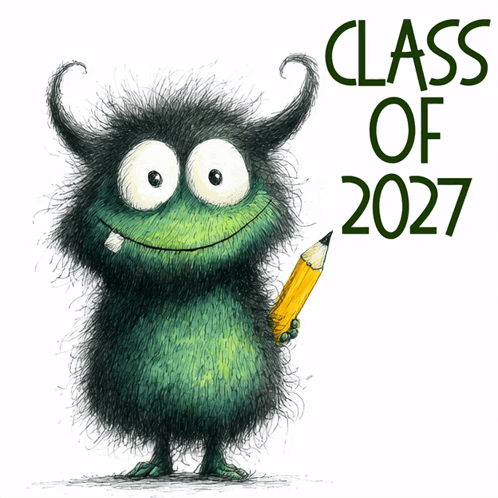 a drawing of a monster holding a pencil with the words class of 2027 below it
