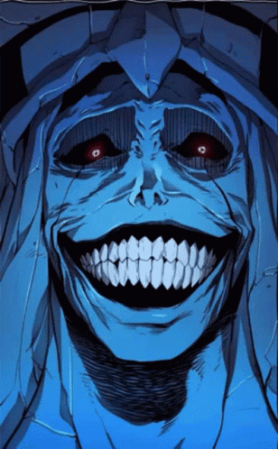 a drawing of a monster with red eyes and a large smile